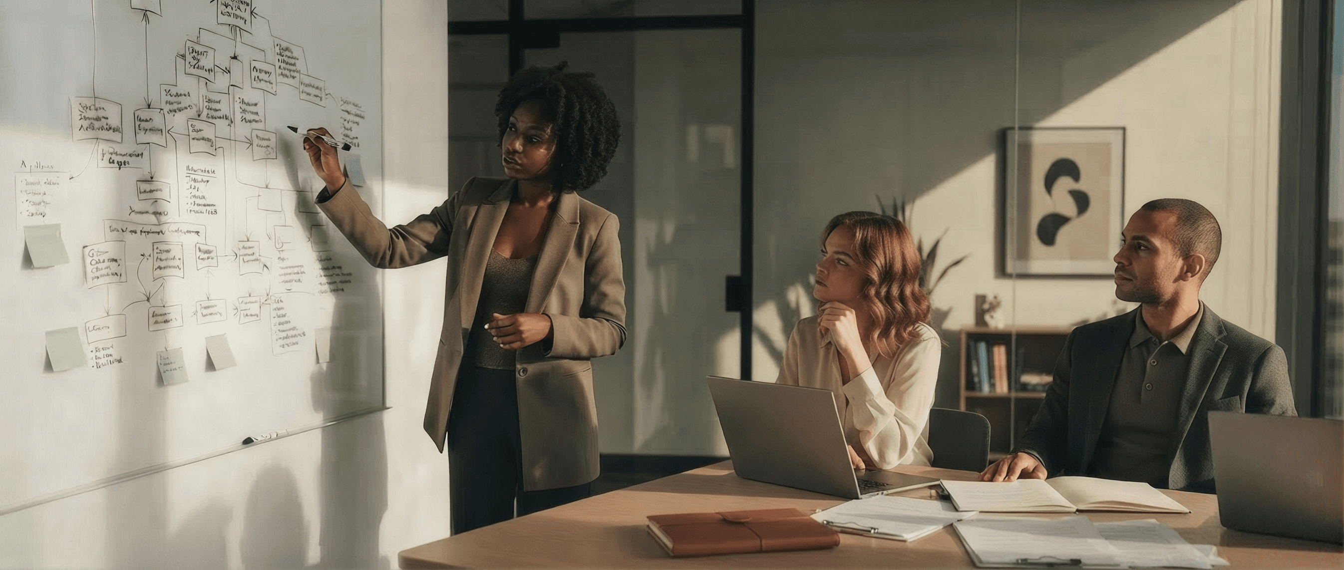 Profissionais discutem um diagrama em um quadro branco durante uma sessão de trabalho